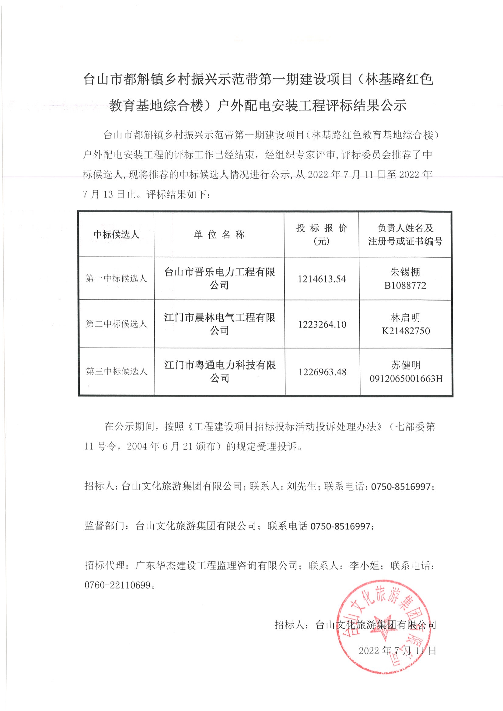 评标结果公示 --- 台山市都斛镇乡村振兴示范带第一期建设项目（林基路红色教育基地综合楼）户外配电安装工程